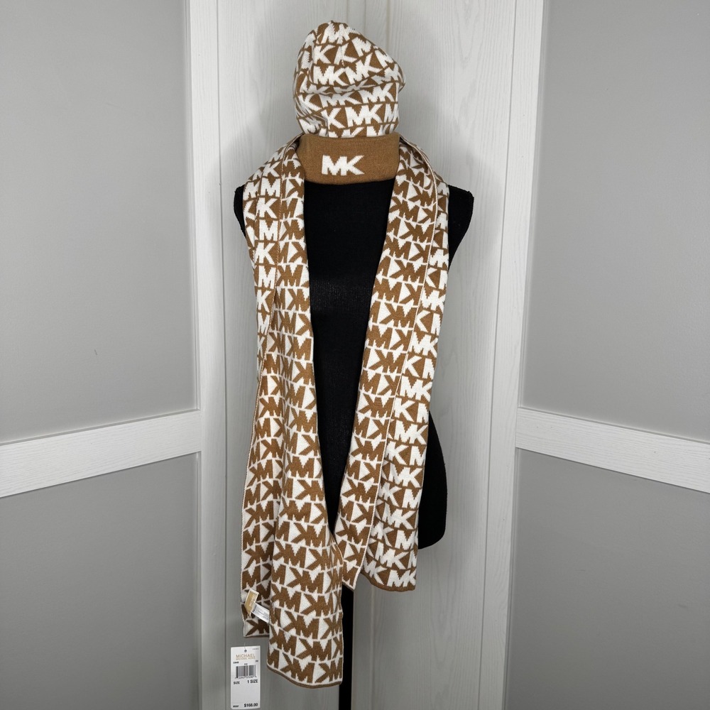 Michael Kors Scarf and Beanie Set Womens‎ One Size Camel MK Logo Monogram 539495